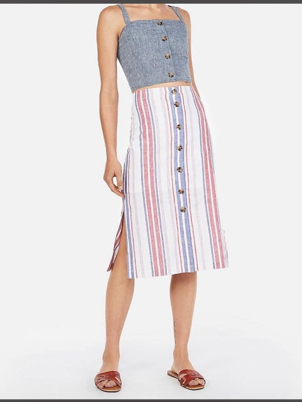 Express Linen-Blend Striped Button-Front Midi Side Slit Skirt Red Blue Sz M NWT